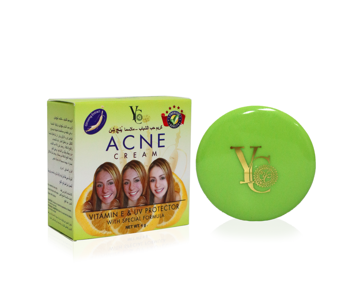 Acne Cream by V6 with special formula, featuring a light green box with three smiling women and a matching round green compact with a gold V6 logo, set against a plain white background.