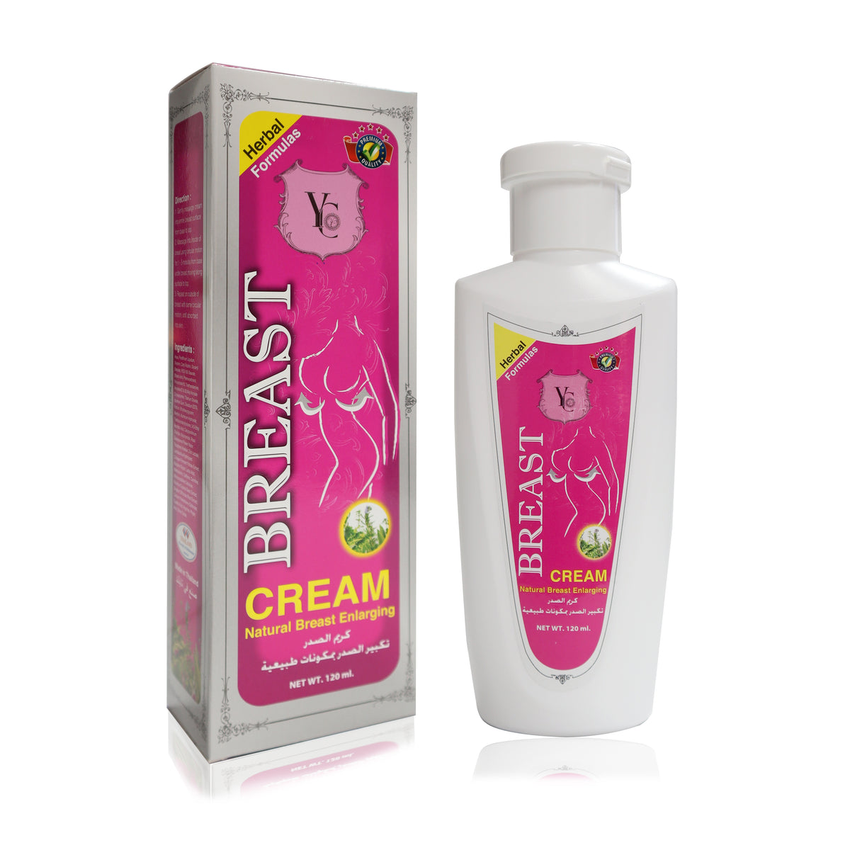 A white plastic bottle and matching retail box of breast cream, both featuring a bright pink label with a stylized female torso outline and the text 'BREAST CREAM'.