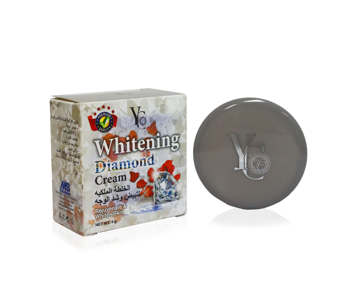 A box of Vo Diamond Whitening Cream next to a round gray compact or lid featuring the Vo logo, on a clean white background.