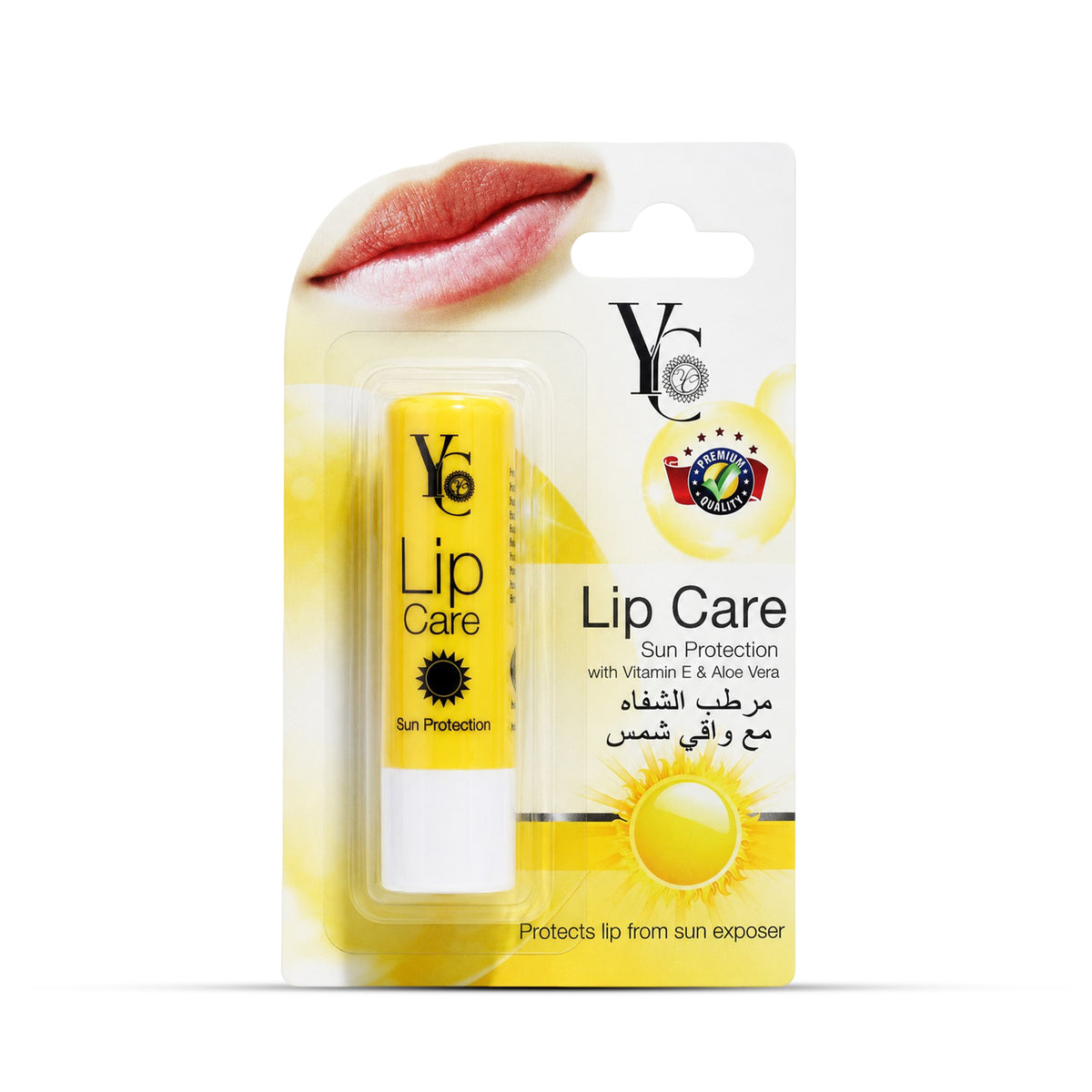 A yellow and white YC Lip Care Sun Protection balm in its original blister card packaging, featuring a graphic of lips and a sun icon on a white background.