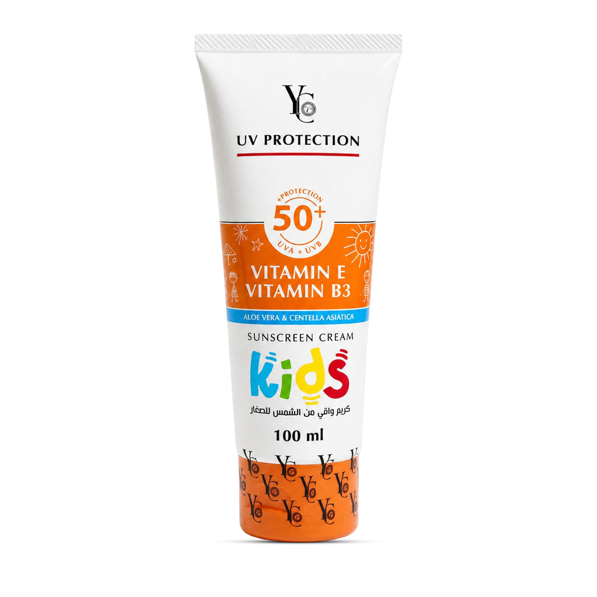 A 100 ml squeeze tube of YC UV Protection Kids Vitamin E and Vitamin B3 sunscreen cream, featuring a white and orange design with colorful 'Kids' branding, set against a plain white background.