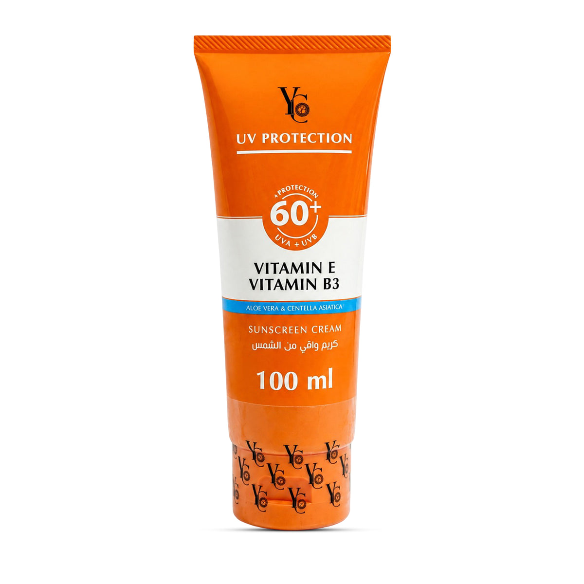 An orange tube of YC UV Protection Vitamin E Vitamin B3 sunscreen cream, 100 ml, with white and blue text and a white circular 'Protection 60+' badge, shown on a plain white background.