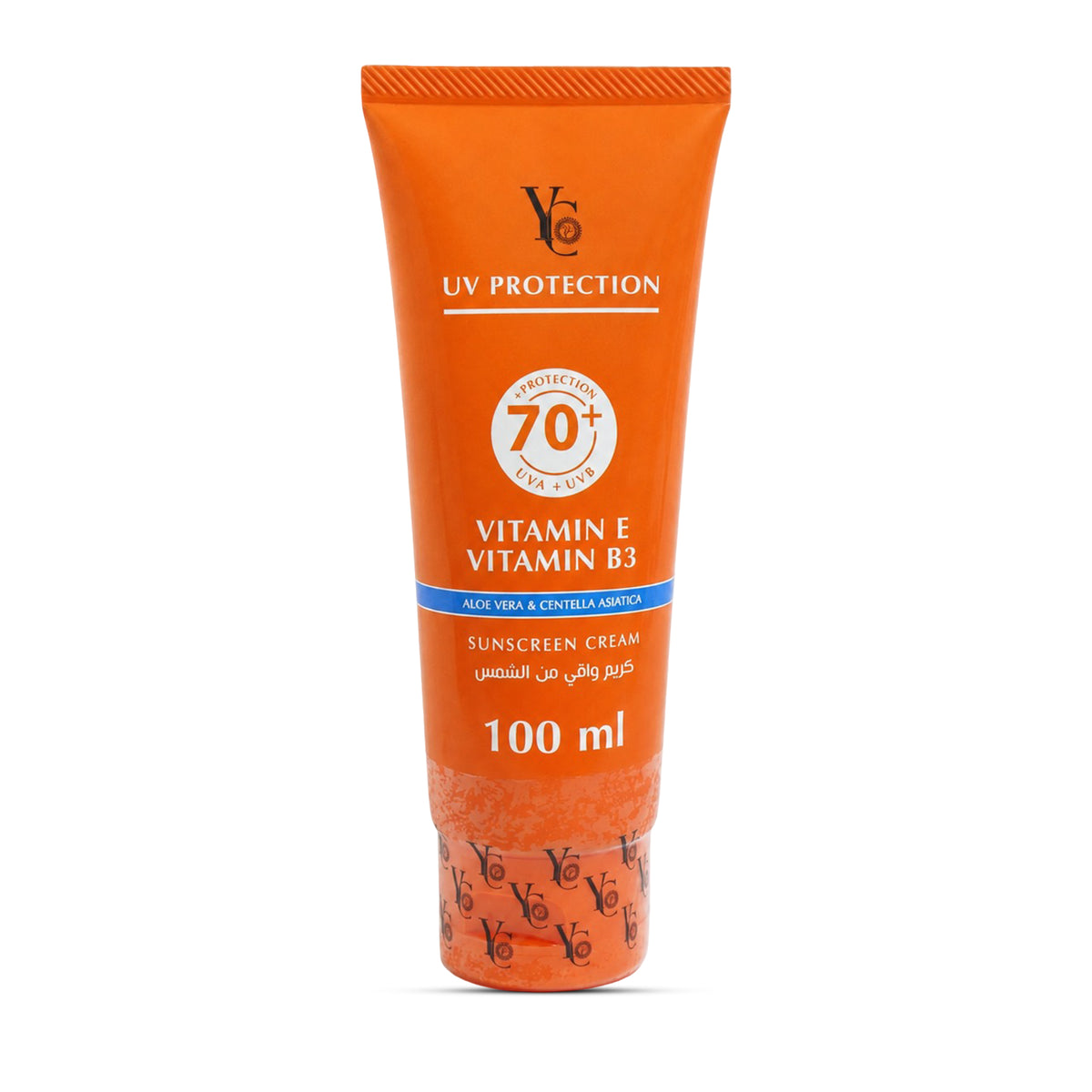 An orange squeeze tube of YC Vitamin E Vitamin B3 Sunscreen Cream, 100 ml, shown on a clean white background.