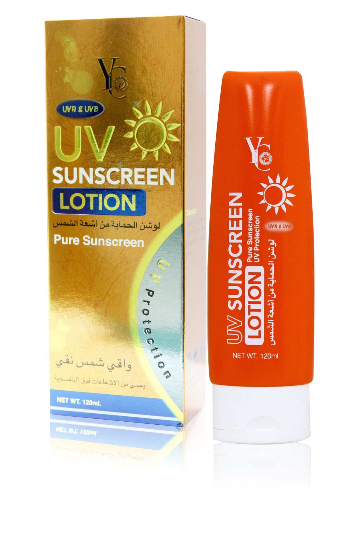 YC UV Sunscreen Lotion 120ml tube next to its gold and blue packaging box, displayed on a clean white background with a soft reflection.