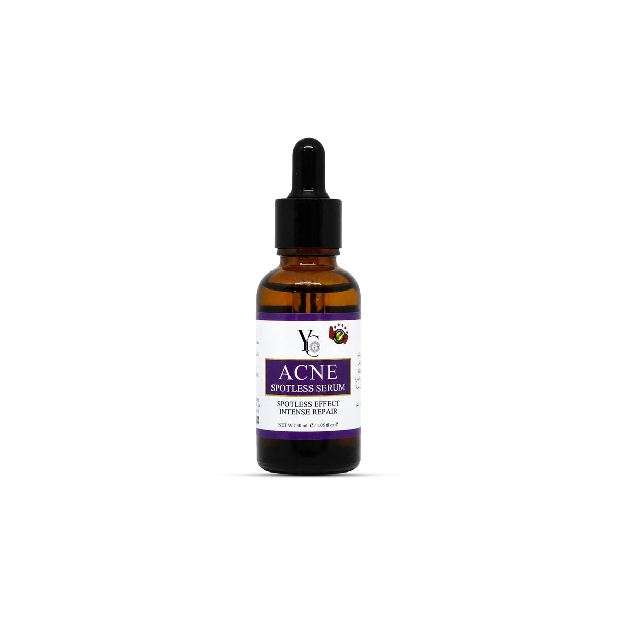 A small amber glass dropper bottle of YC Acne Spotless Serum with a black dropper cap and a white label featuring purple text, centered on a plain white background.