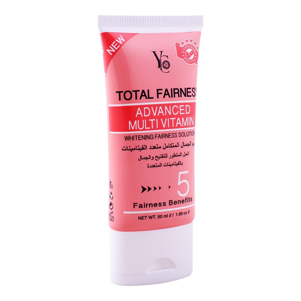 A squeeze tube of YC Total Fairness Advanced Multi-Vitamin Whitening Fairness Solution, featuring a pink and white design with black text, on a solid white background.