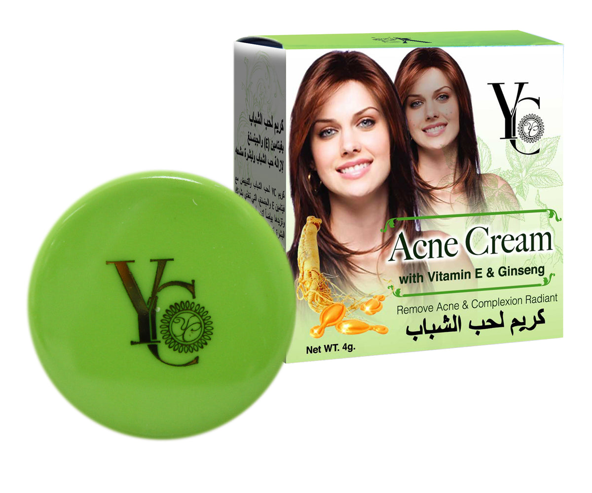 A bright green round jar of Ye Skin Care Acne Cream next to its white and green cardboard packaging box, featuring a model with long brown hair and Arabic text.