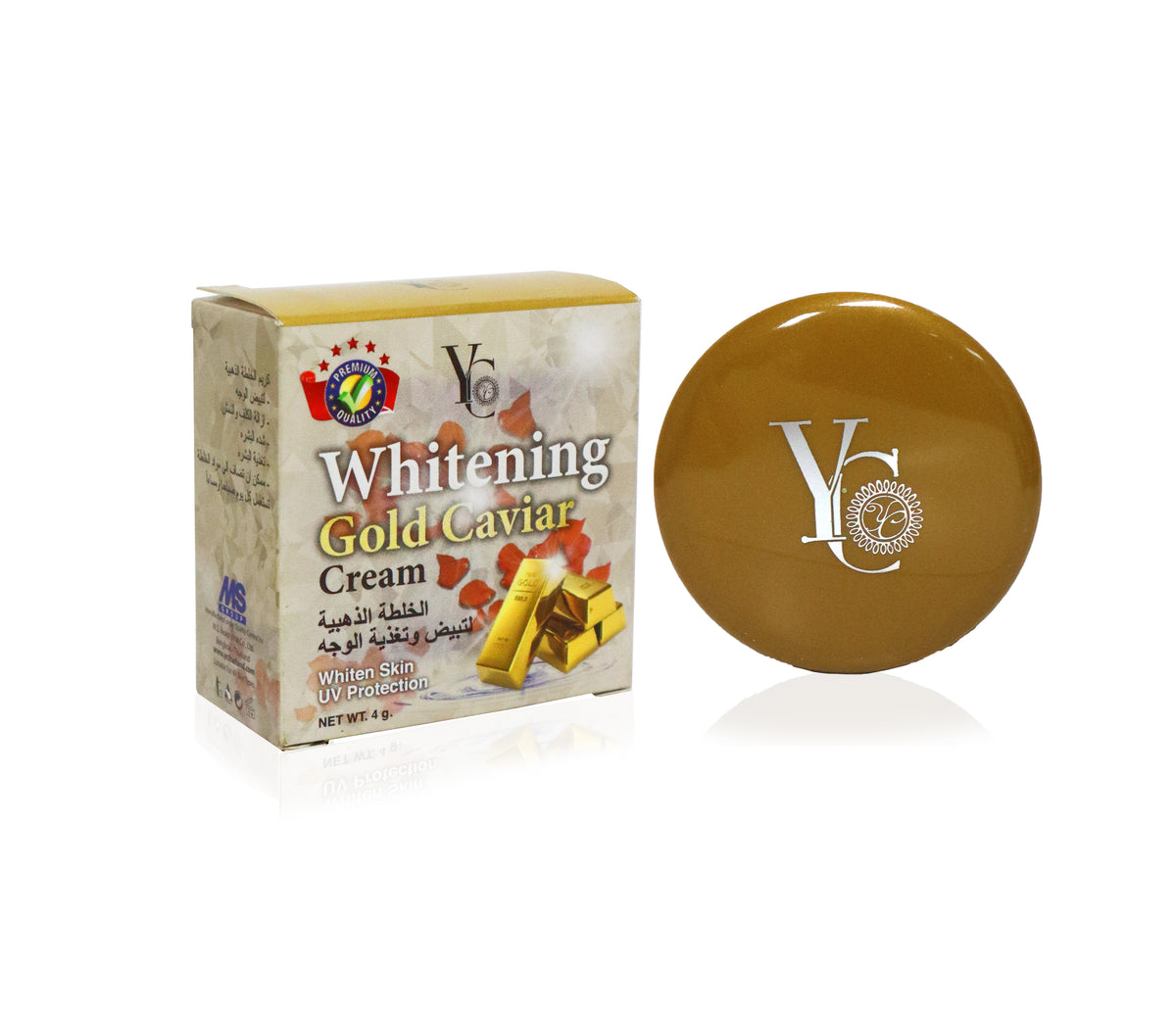 Whitening Gold Caviar Cream by V6, shown with its beige and gold outer packaging box next to a round, gold-toned compact or lid featuring a silver V6 logo, on a white background.