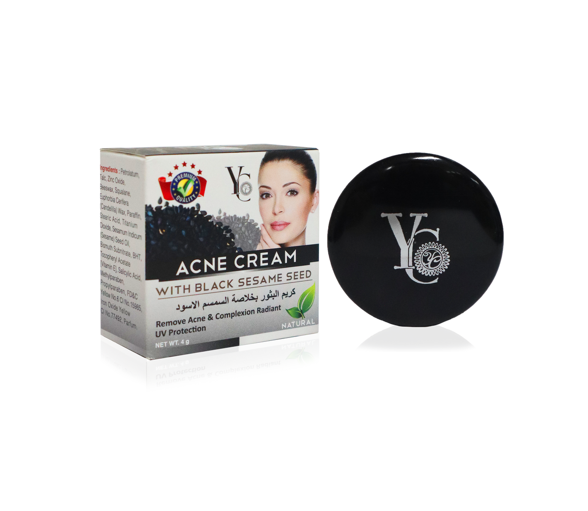 A box of YC Acne Cream with Black Sesame Seed next to a round black jar with a silver YC logo, on a white background with a faint reflection.