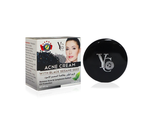 A box of YC Acne Cream with Black Sesame Seed next to a round black jar with a silver YC logo, on a white background with a faint reflection.