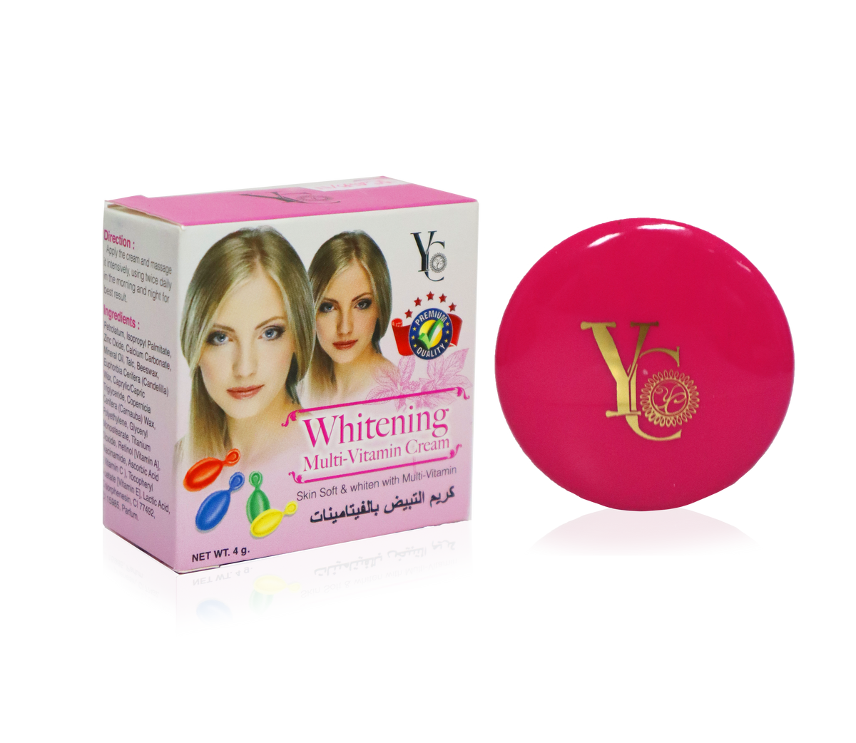 A pink and white box of YC Whitening Multi-Vitamin Cream next to a round, glossy hot pink lid featuring a gold YO logo, on a clean white background.